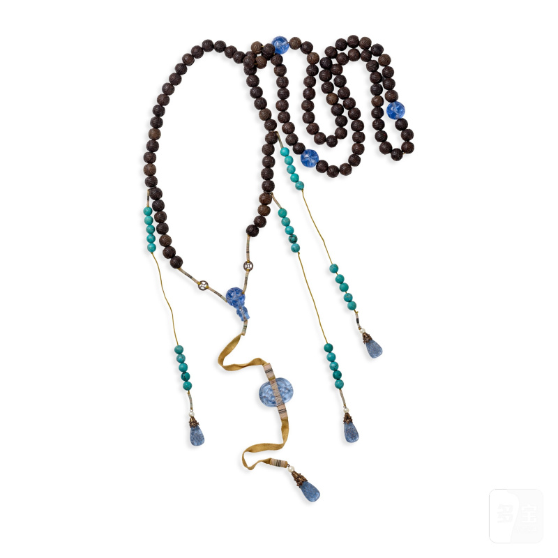 晚清 一百單八木籽朝珠 藍琉璃佛墜背雲 綠松石記捻 | A WOOD, BLUE GLASS, AND TURQUOISE COURT NECKLACE, CHAOZHU - 图3